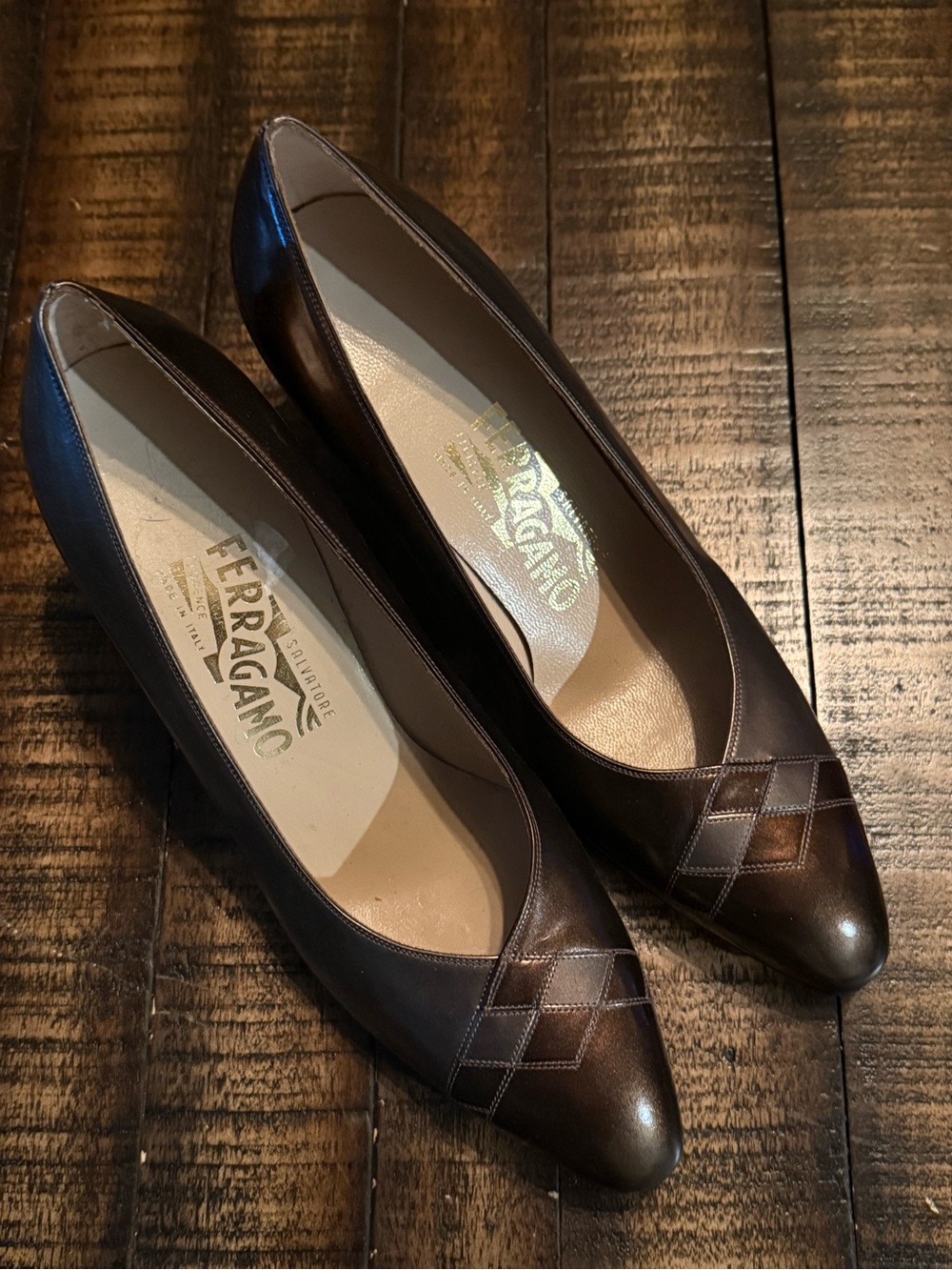 Salvatore Ferragamo Brown and Silver Leather Pointed-Toe Pumps